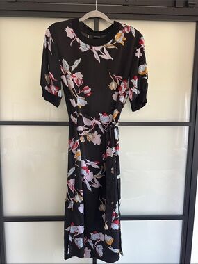 Who What Wear Black Floral Tie-Waist Midi Dress with Red and Cream Accents